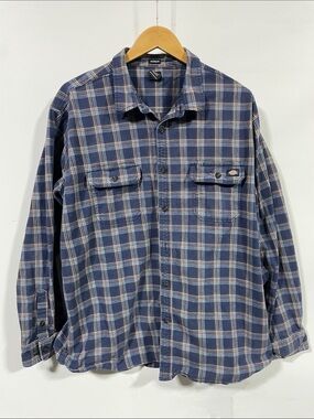 Dickies Navy and White Plaid Button-Front Work Shirt